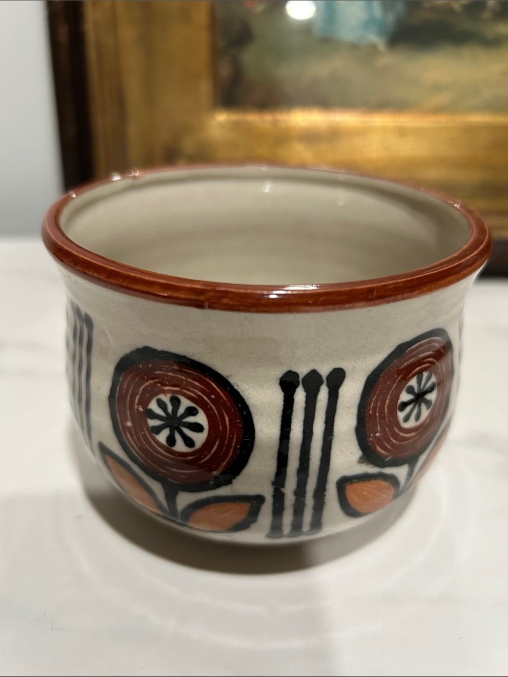 Vintage White Ceramic Pot with Rust and Black Floral Design